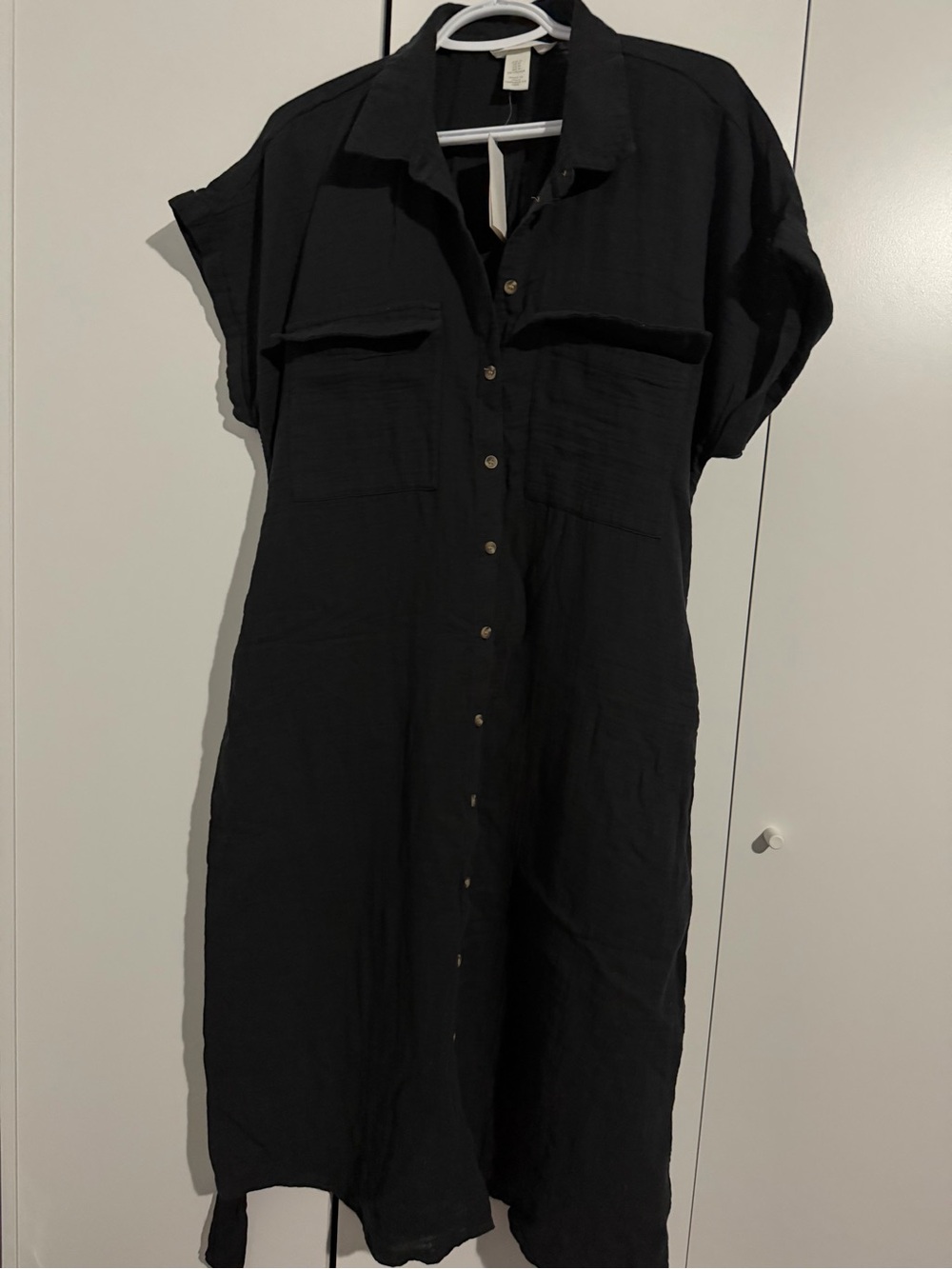 H&M Black Short-Sleeve Button-Front Maxi Shirt Dress